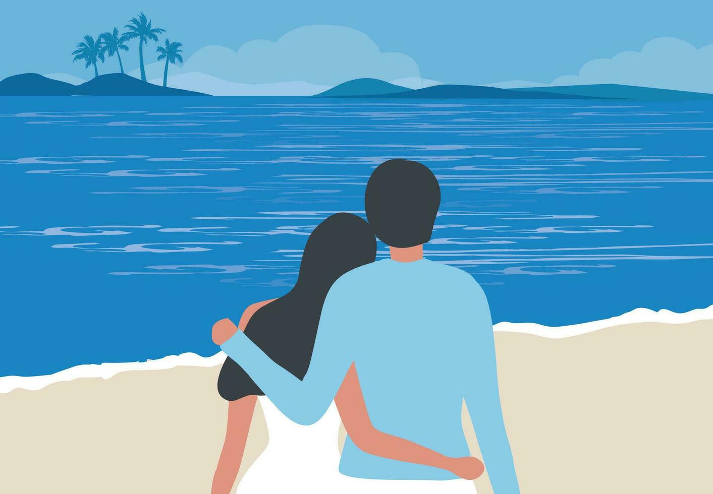 amoroso Pareja abrazando y mirando Luna en el playa antecedentes vector ilustración. amar, contento San Valentín día, Luna de miel y Boda concep