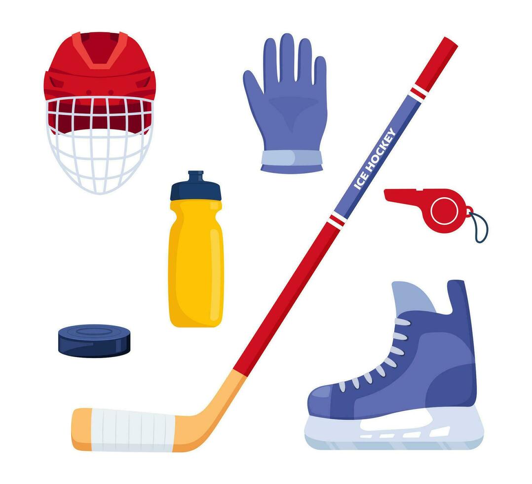 conjunto de hockey equipo. casco, guantes, palo, disco, patines, silbar, agua botella. vector ilustración.