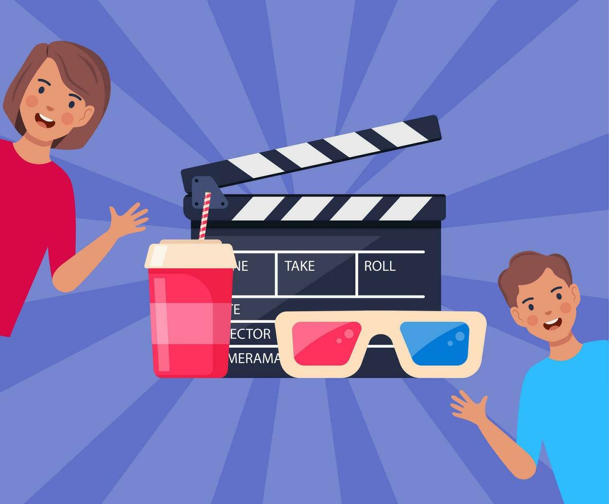 Movie time concept. Composition with soda, clapperboard, 3d glasses. Little kids and movie elements. Cinema poster, banner. Entertainment for children. Vector illustration.