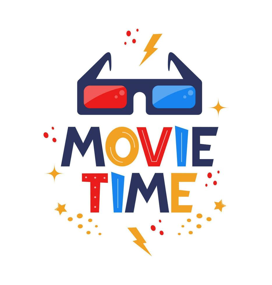 Movie time hand drawing lettering. Creative template for cinema poster, banner. Movie time concept with cinema elements. Vector illustration.