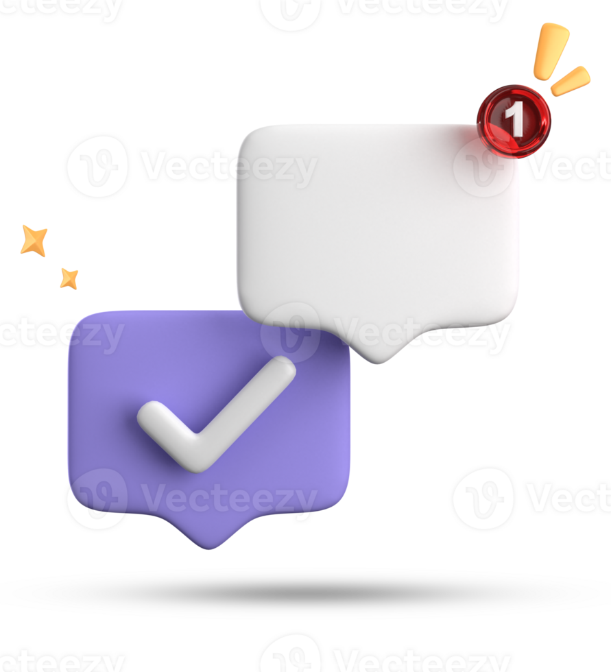3d Renderização do discurso bolha com notificação ícones, 3d pastel bate-papo com verificado ícone. conjunto do 3d falar bolha. png
