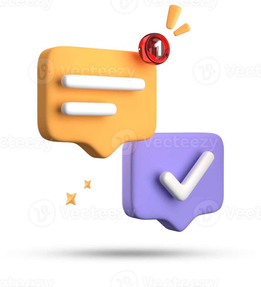 3d rendering of speech bubble with notification icons, 3D pastel chat with checked icon. Set of 3d speak bubble. png
