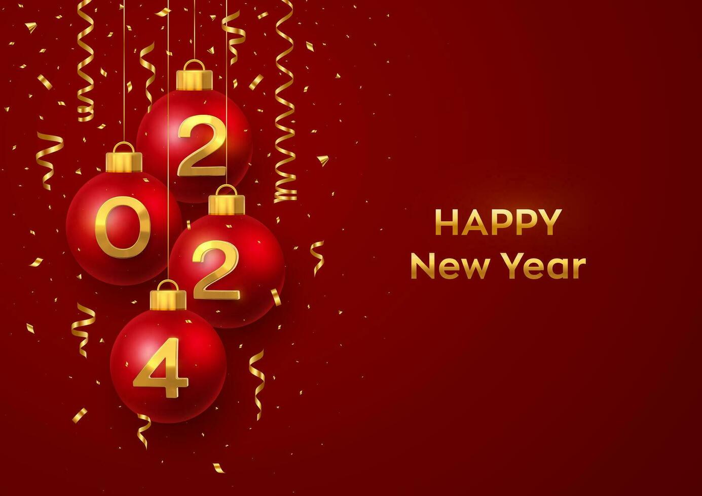 Happy New Year 2024. Hanging red Christmas bauble balls with realistic golden 3d numbers 2024 and glitter confetti. Greeting card. Holiday Xmas and New Year poster, banner, flyer. Vector Illustration