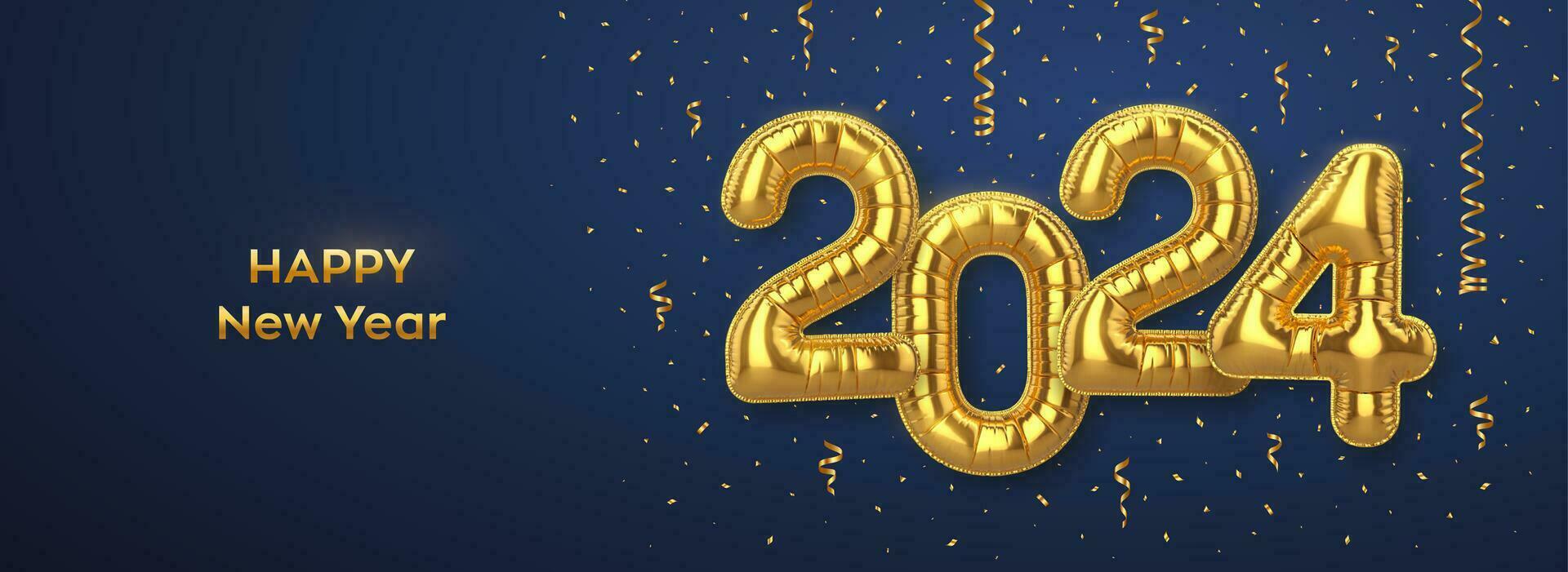 contento nuevo 2024 año. dorado frustrar globo números en azul antecedentes. alto detallado 3d realista oro frustrar helio globos alegre Navidad y contento nuevo año 2024 saludo tarjeta. vector ilustración.