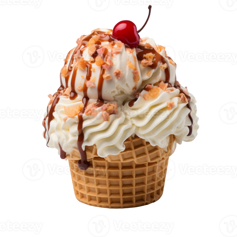 Ice cream scoop on waffle cone isolated on transparent background, created with generative AI png