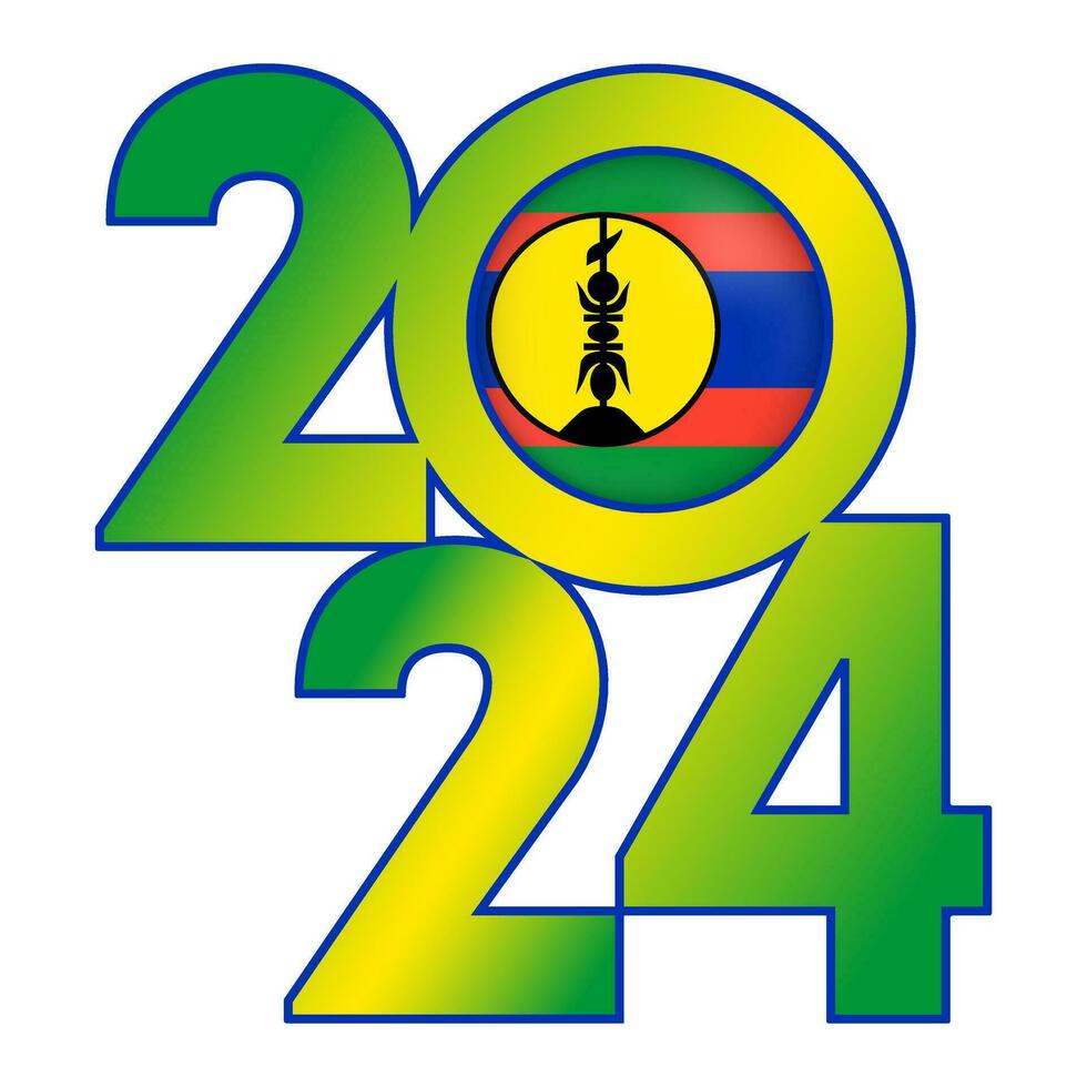 Happy New Year 2024 banner with New Caledonia flag inside. Vector illustration.