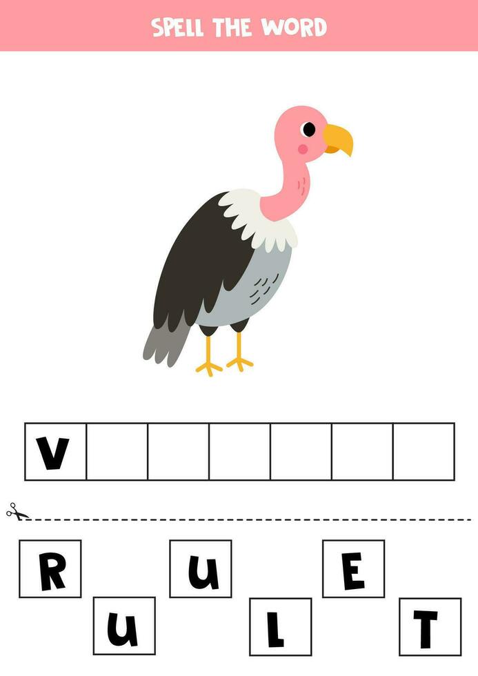 Spelling game for preschool kids. Cute cartoon vulture. vector