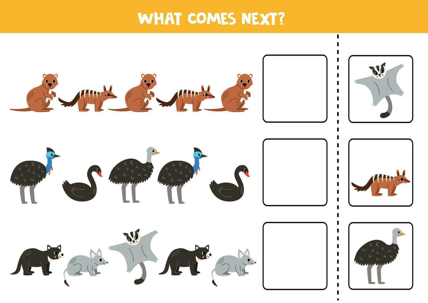 What comes next game with cute cartoon Australian animals. vector