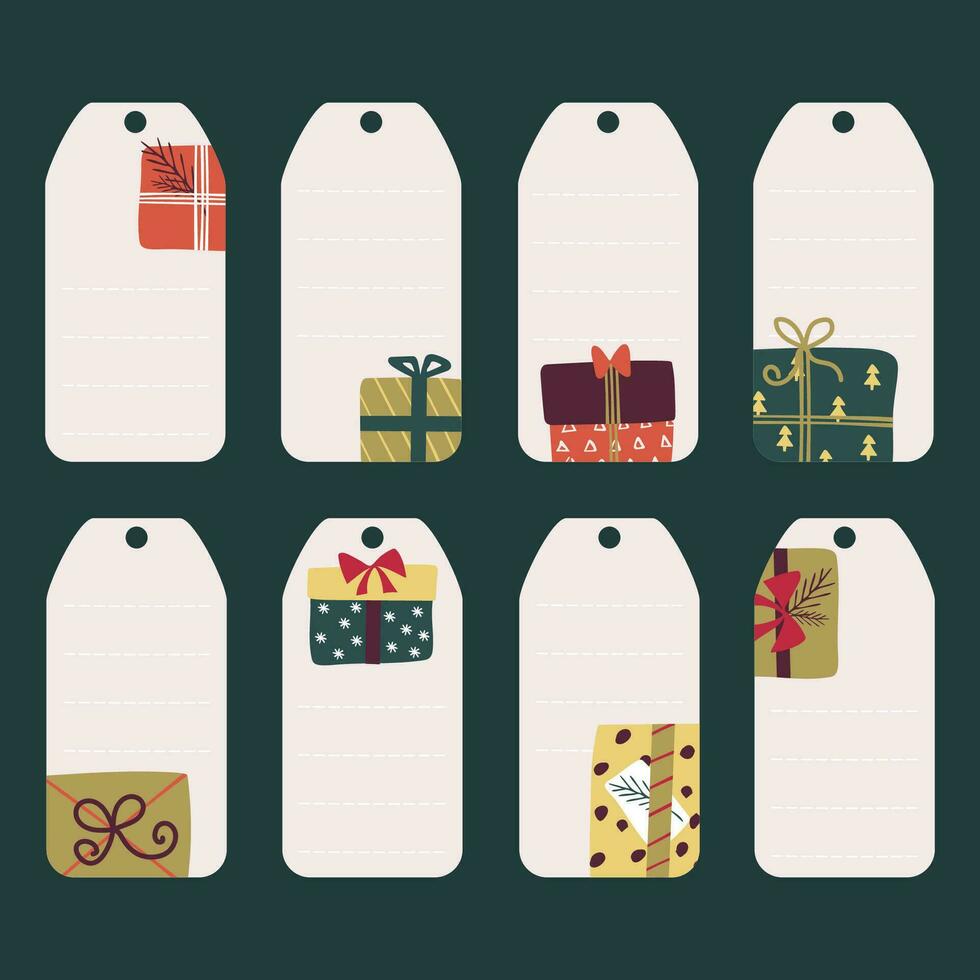 conjunto de Navidad y nuevo año etiquetas con regalo cajas regalo tarjetas para invierno vacaciones. vector