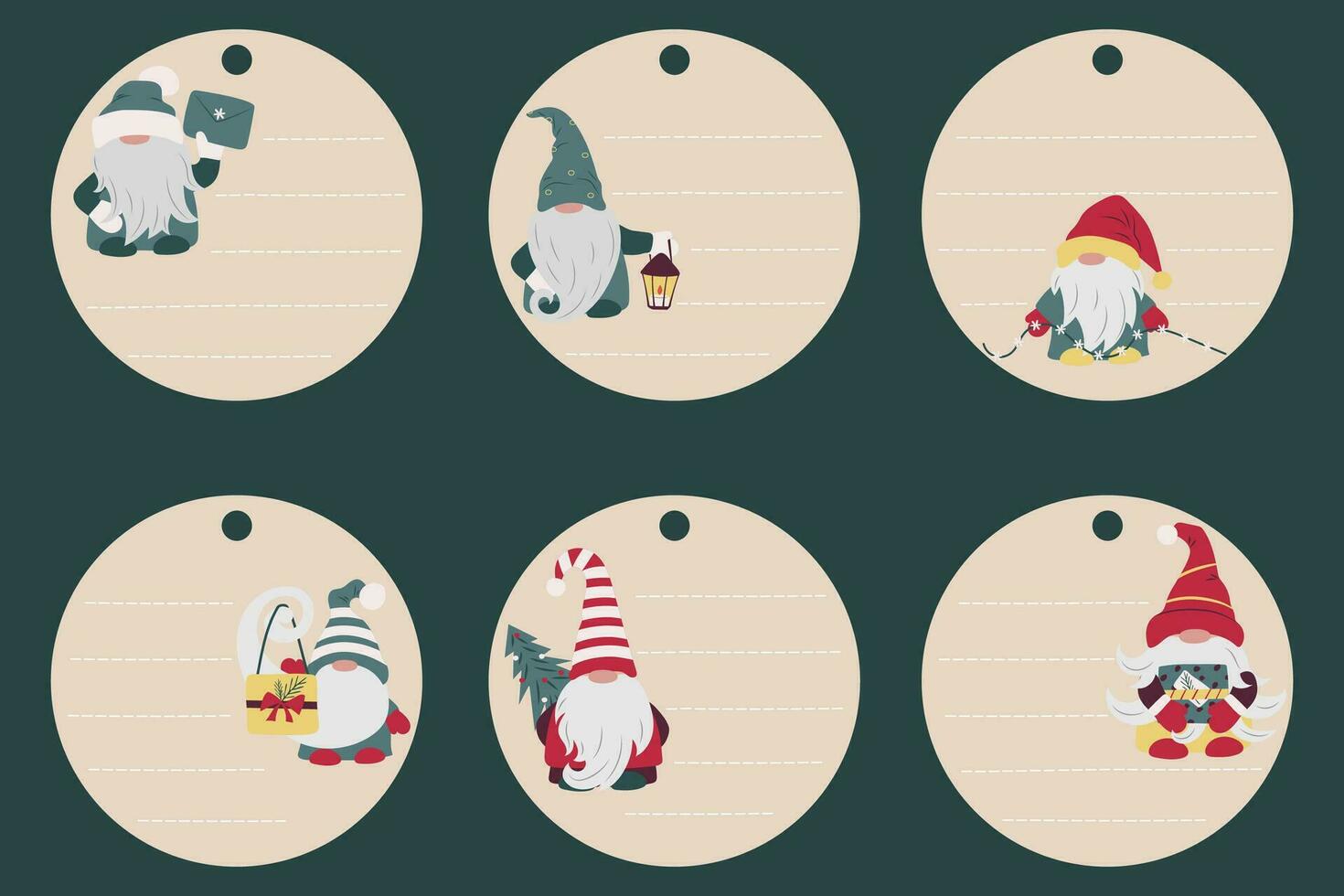 Set of Christmas and New Year tags with cute gnomes. Gift cards for winter holidays with elf, dwarf, fairy tale. Sticker vector