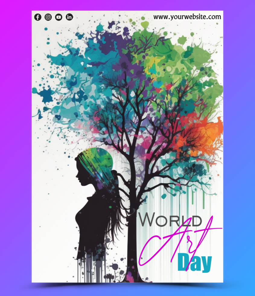 PSD watercolor art template of a girl with tree painting design