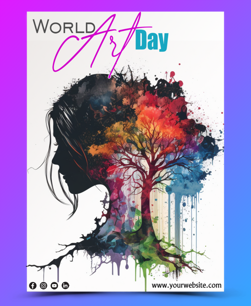 PSD watercolor art template of a girl with tree painting design