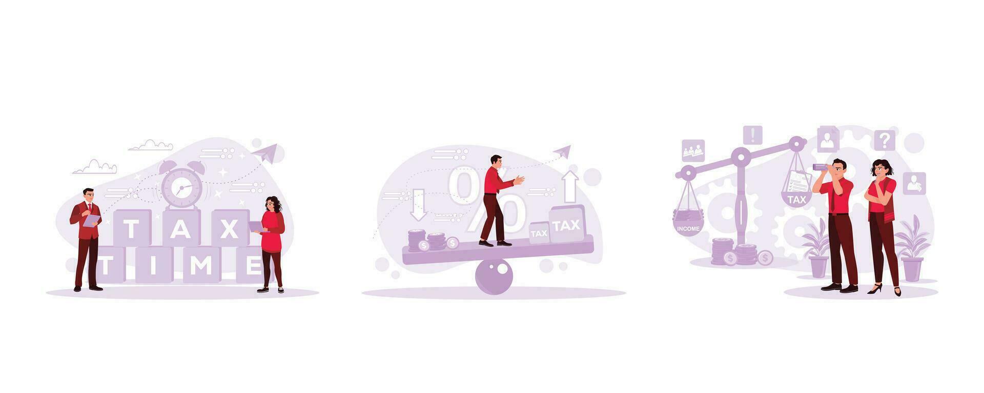 Two people were standing against tax time background. Entrepreneurs strike a balance between taxes and income. In the background, the woman and man use binoculars against tax and income scales. vector