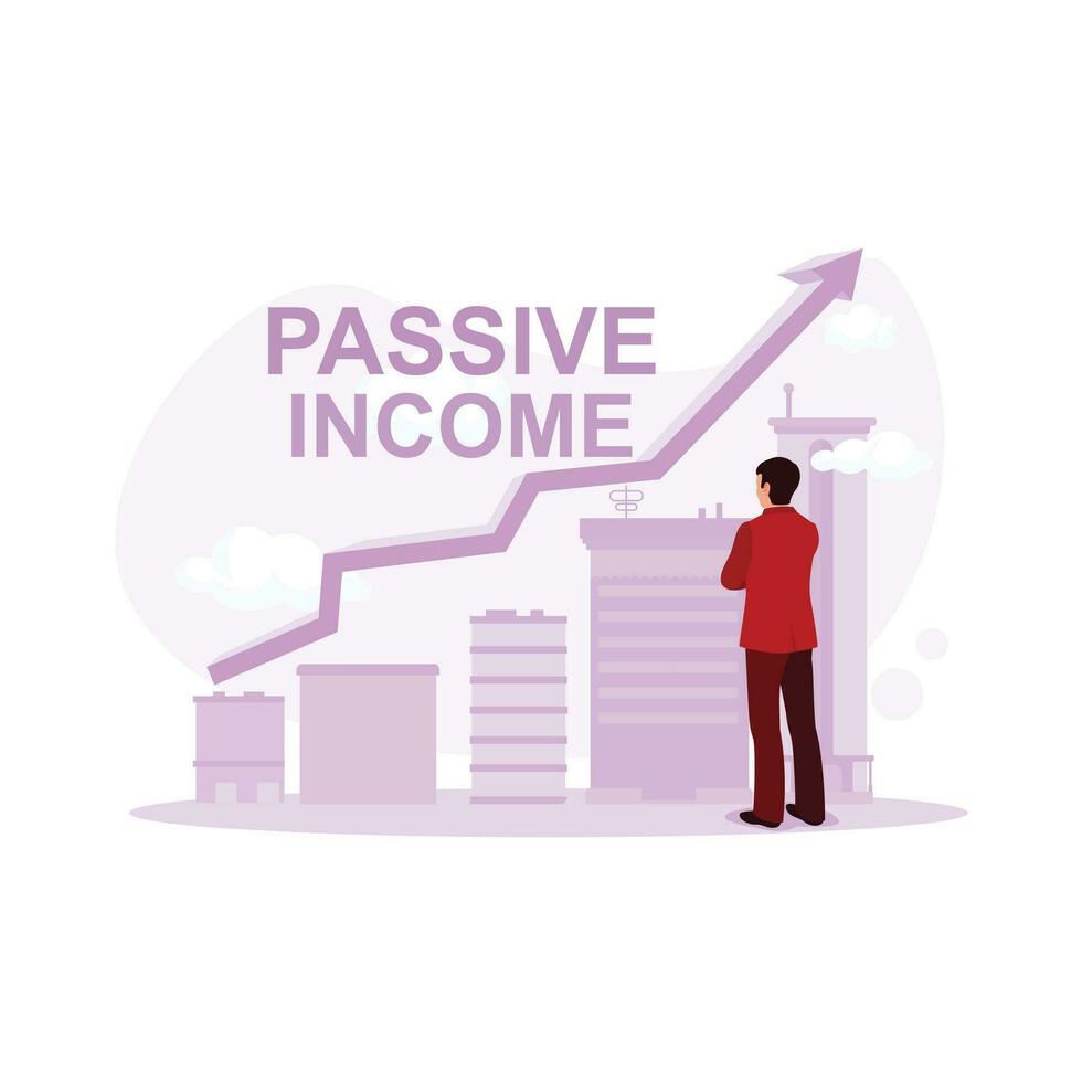 A businessman is standing in front of a city building and looking at passive work whose income is increasing. Passive Income Concept. trend modern vector flat illustration