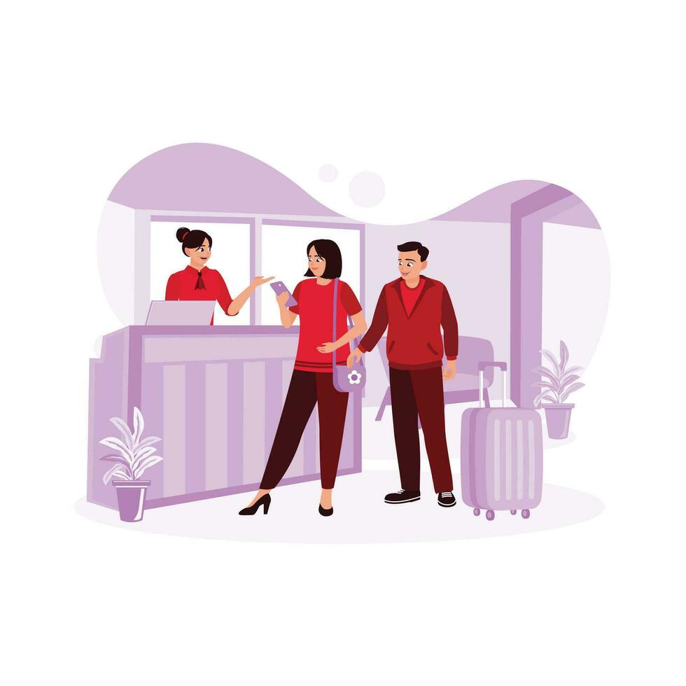 A professional receptionist serves a pair of guests to check out at the hotel. Hotel Receptionist Concept. trend modern vector flat illustration