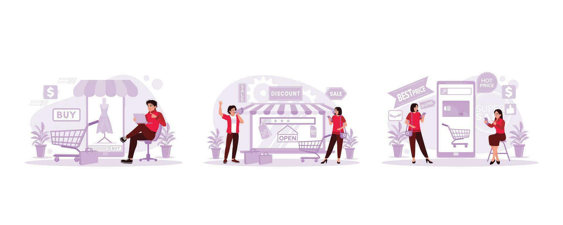 The youth sat back and opened the marketplace. Male salesperson doing promotion. Two women open an omni-channel business app. Trend Modern vector flat illustration.