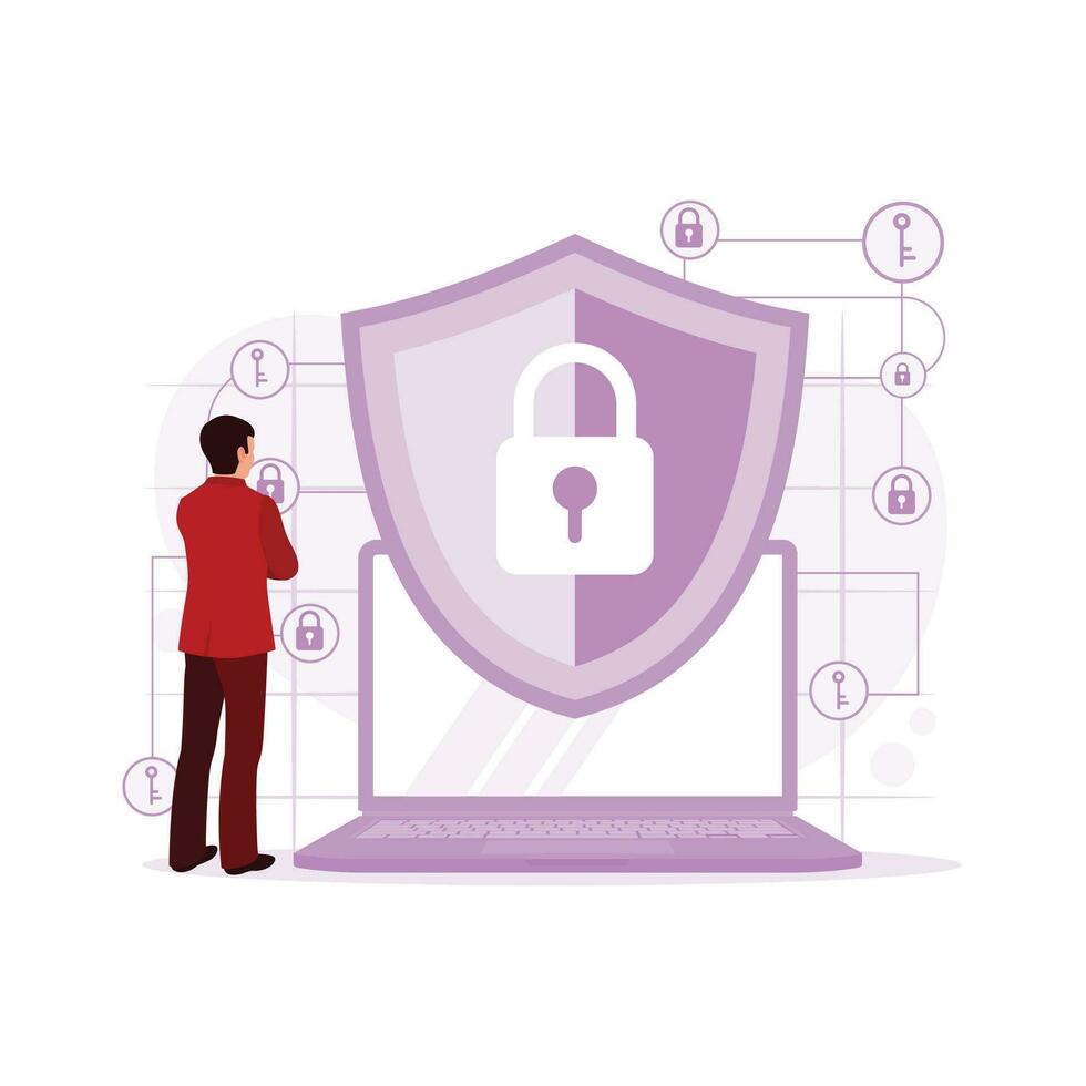 IT experts protect clients' confidential information and cyber security. The hologram padlock icon on the laptop screen. trend modern vector flat illustration