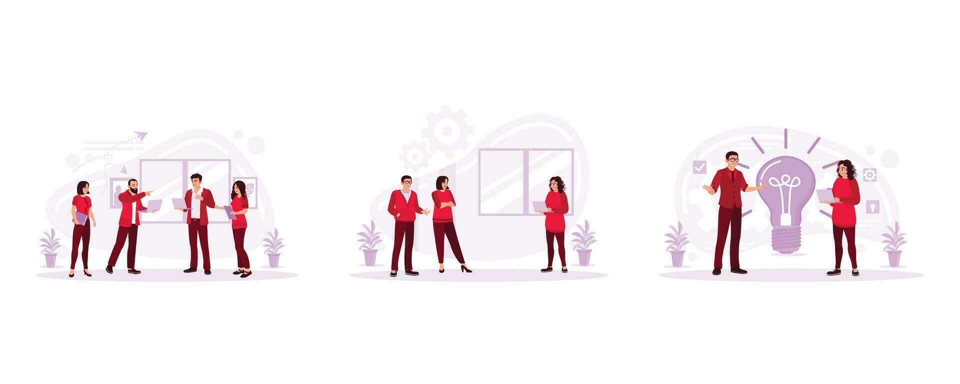 equipo de personas en pie en uno esquina de el oficina, un mujer gesticulando y que se discute algo, contento negocio personas compartiendo nuevo ideas y que se discute negocio ideas en un grupo. vector