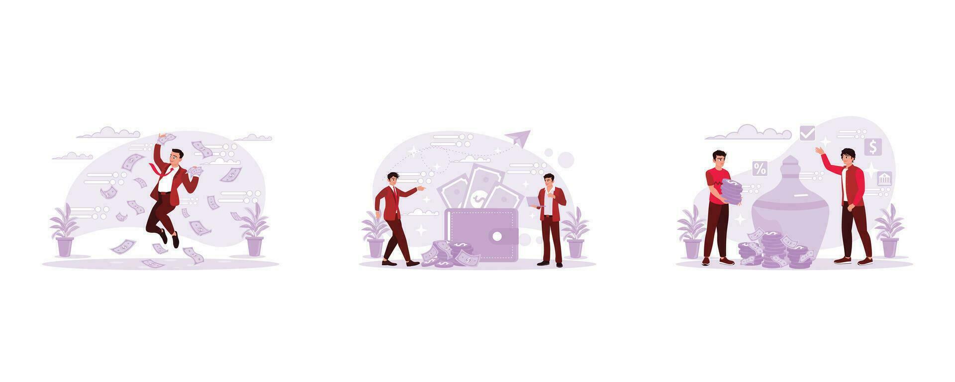 The young man in a suit jumps with the story and brings money. Two men are standing between wallets filled with money. Two men with clay boxes and money. Trend Modern vector flat illustration.