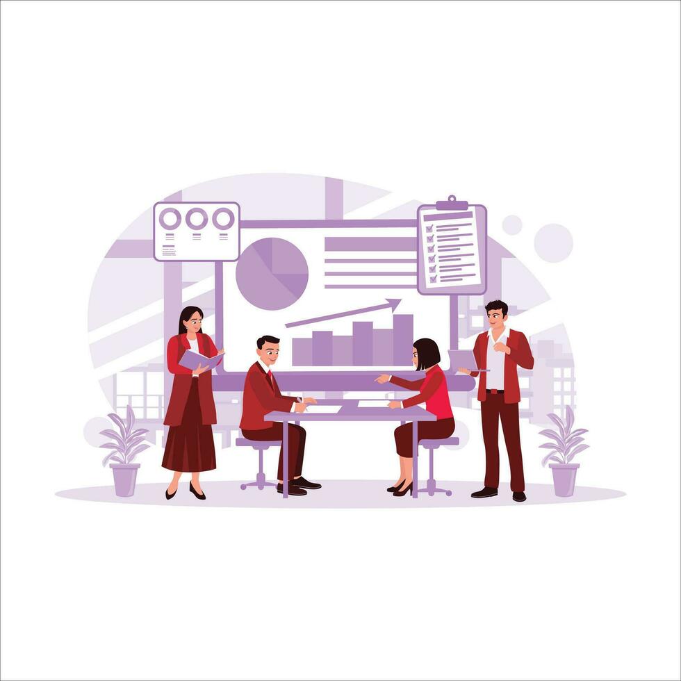 Man and woman communicate, discussing the agreement. Business meeting. Flat people at presentation conference. Businessman on project strategy infographic. Trend Modern vector flat illustration