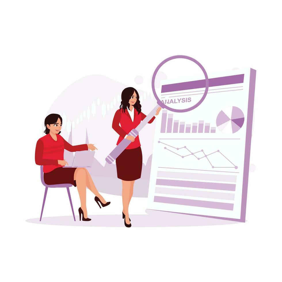 Female manager holding a meeting and analyzing the company's growth graphs, data and economic statistics. Data Analysis Concept. trend modern vector flat illustration