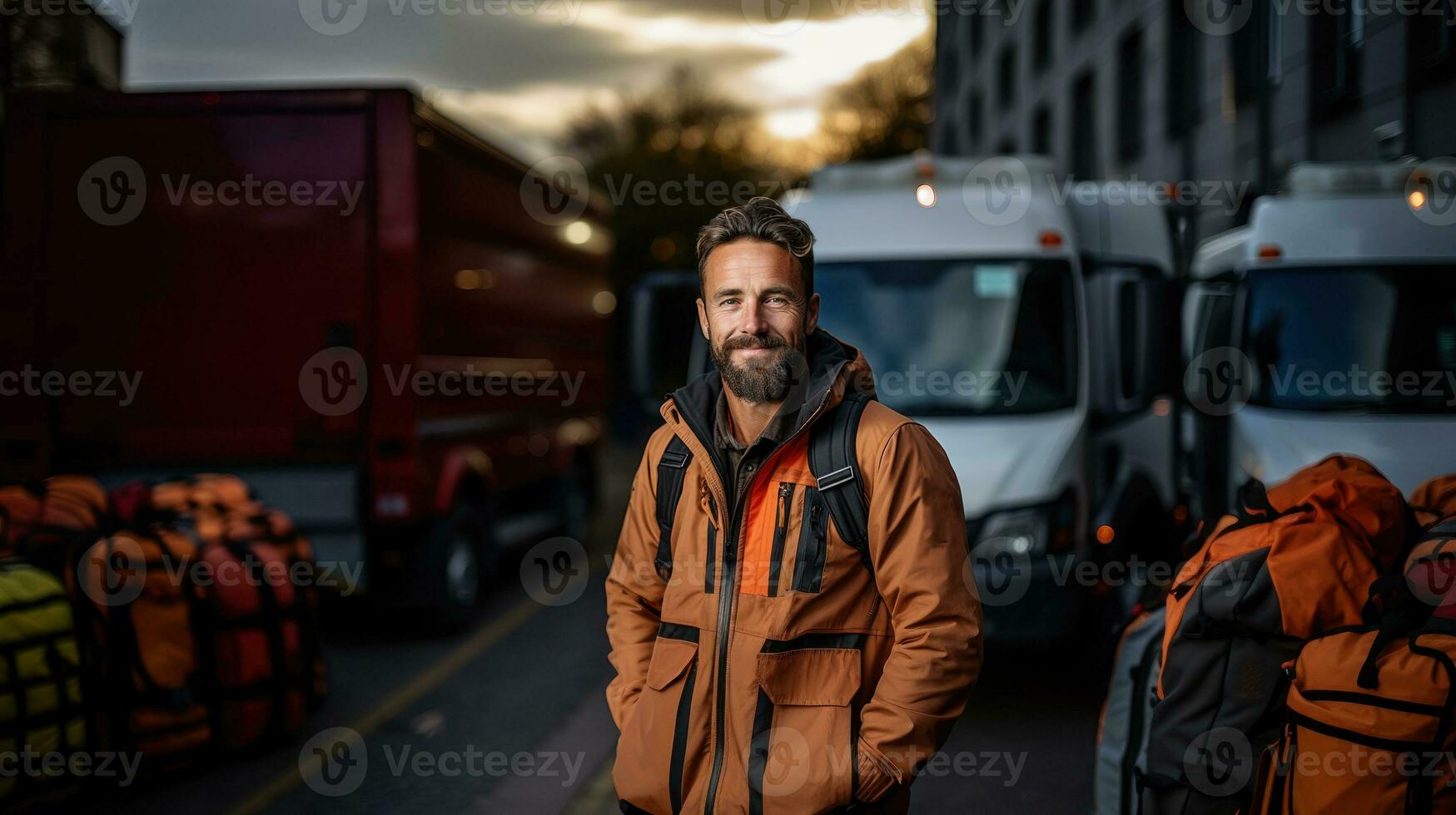 retrato de un barbado hombre trabajador en pie en frente de un entrega camión. foto