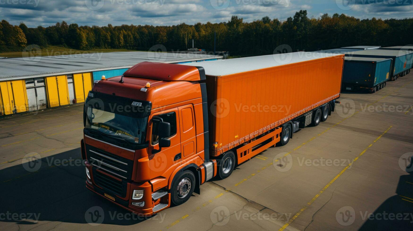 Truck with container on the background of the warehouse. Aerial view. Freight transportation. photo