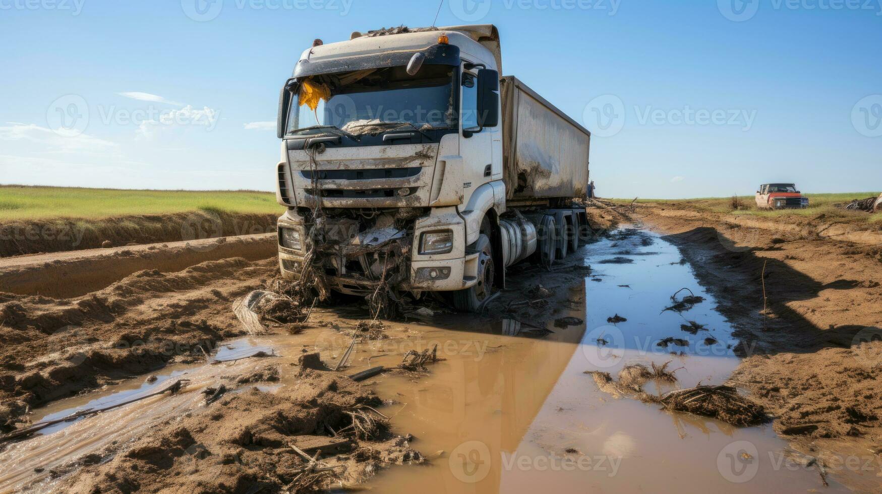 Dump truck in muddy puddle after accident. photo