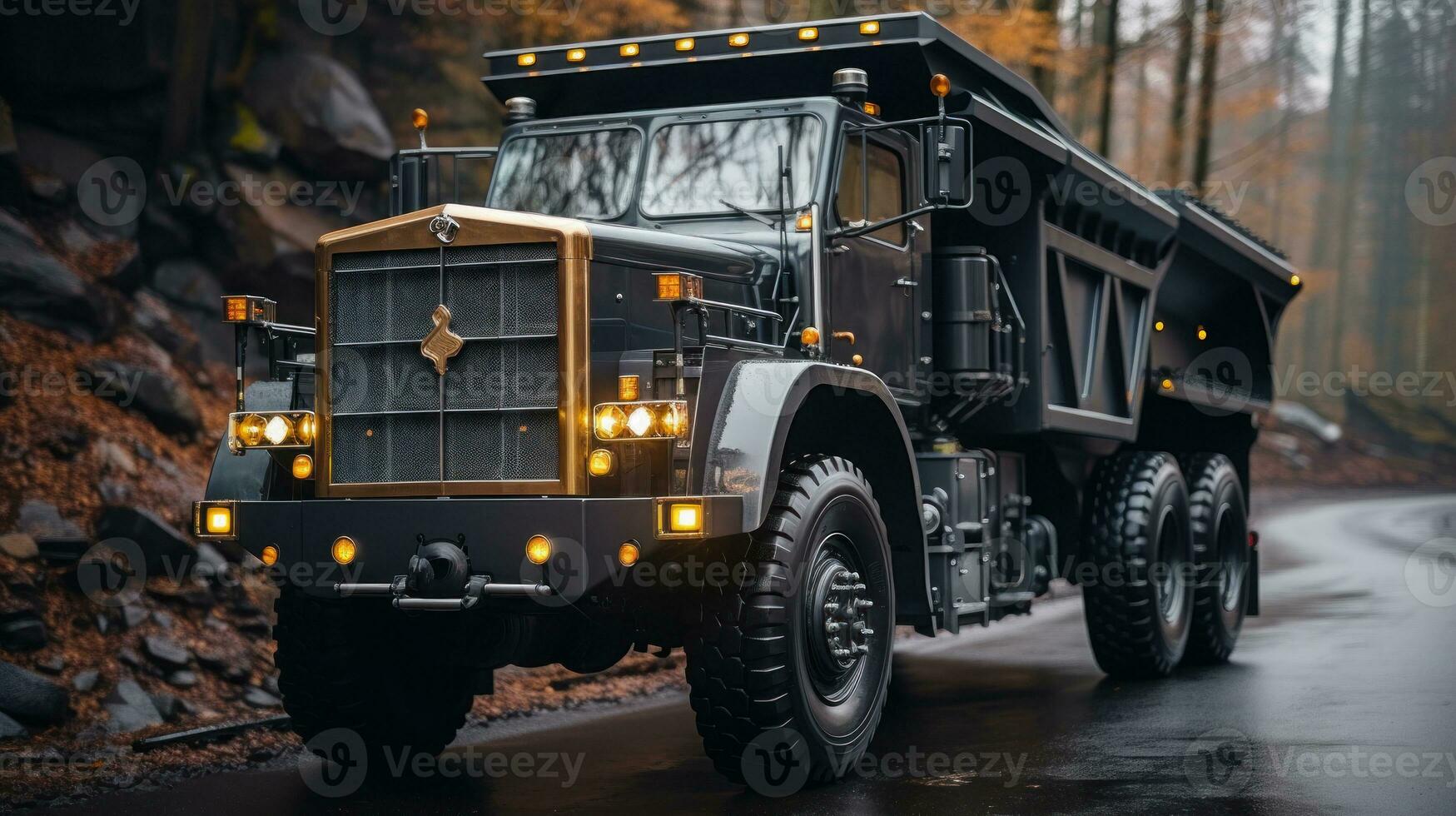 Big truck on the road in the forest. Mining business, mineral resources. photo