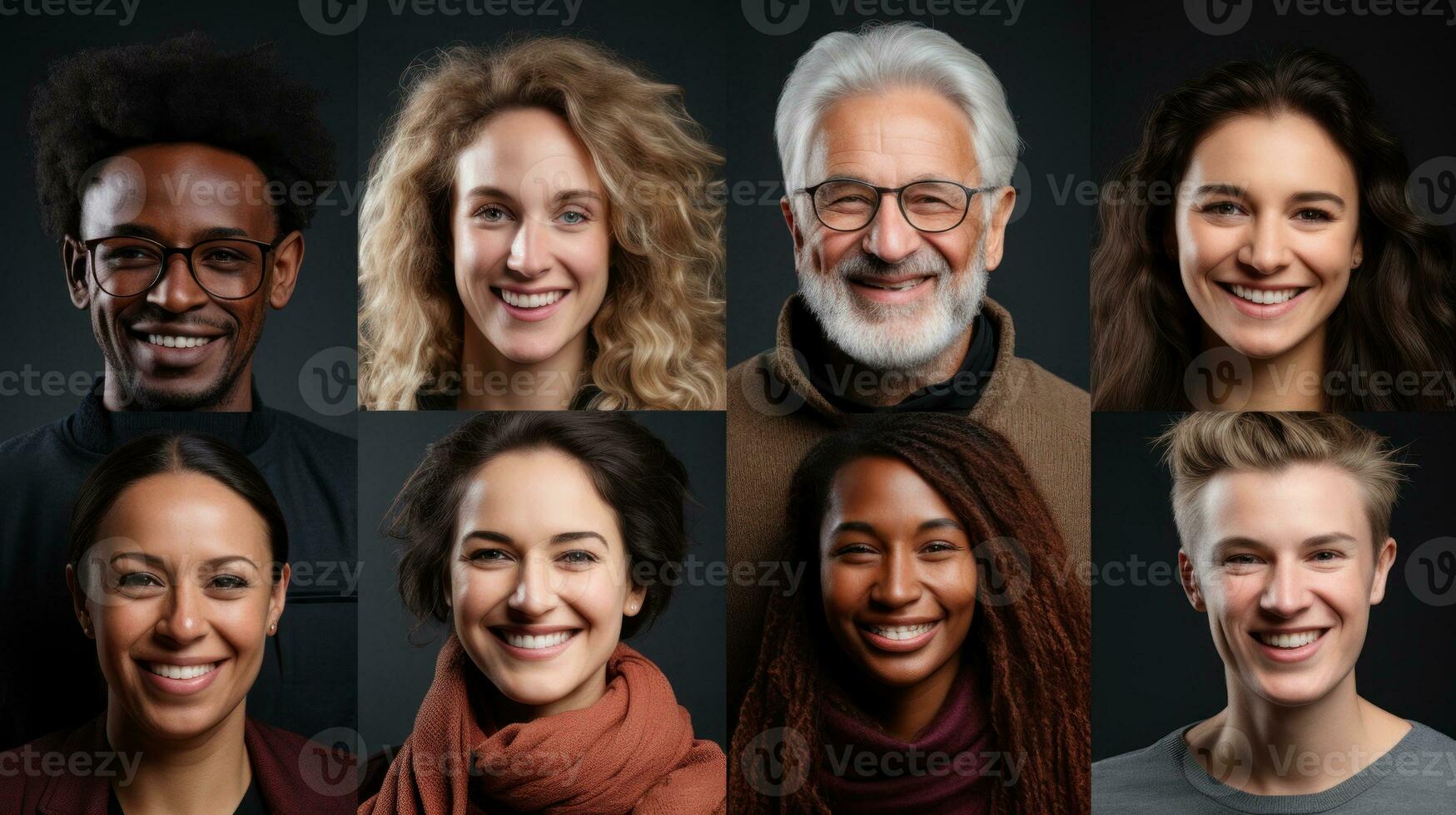 Collage of portraits of smiling multiethnic people on dark background. photo