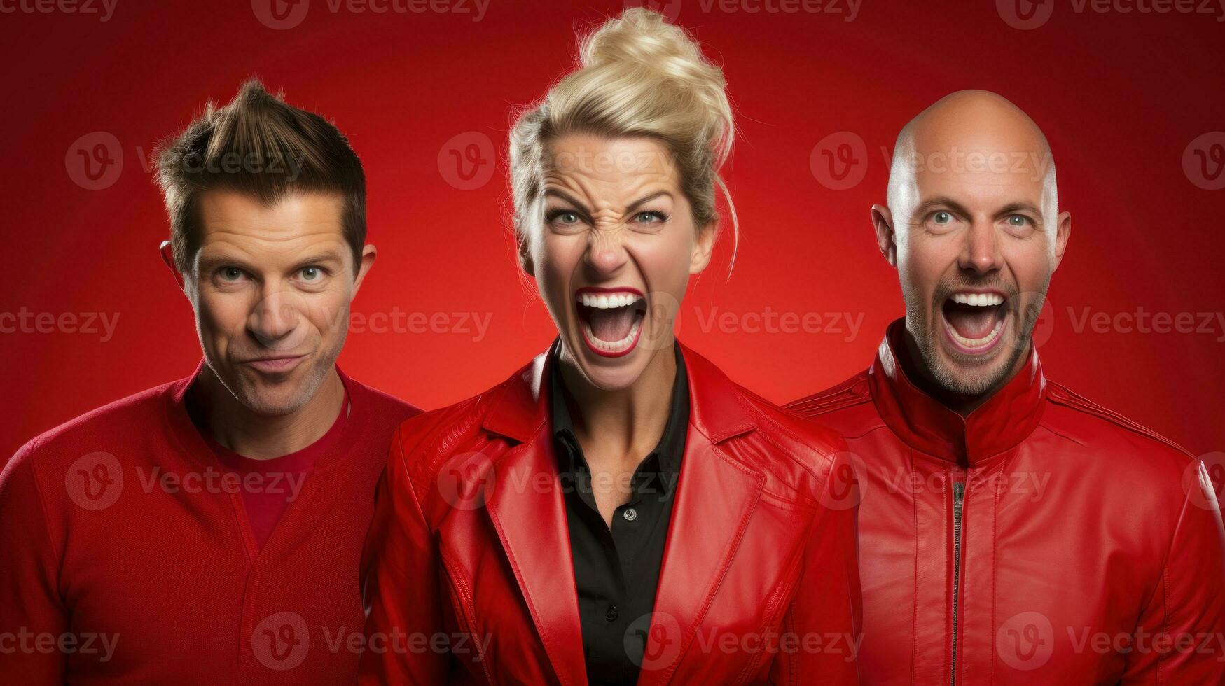 Portrait of a group of three crazy people in red jackets on background. photo