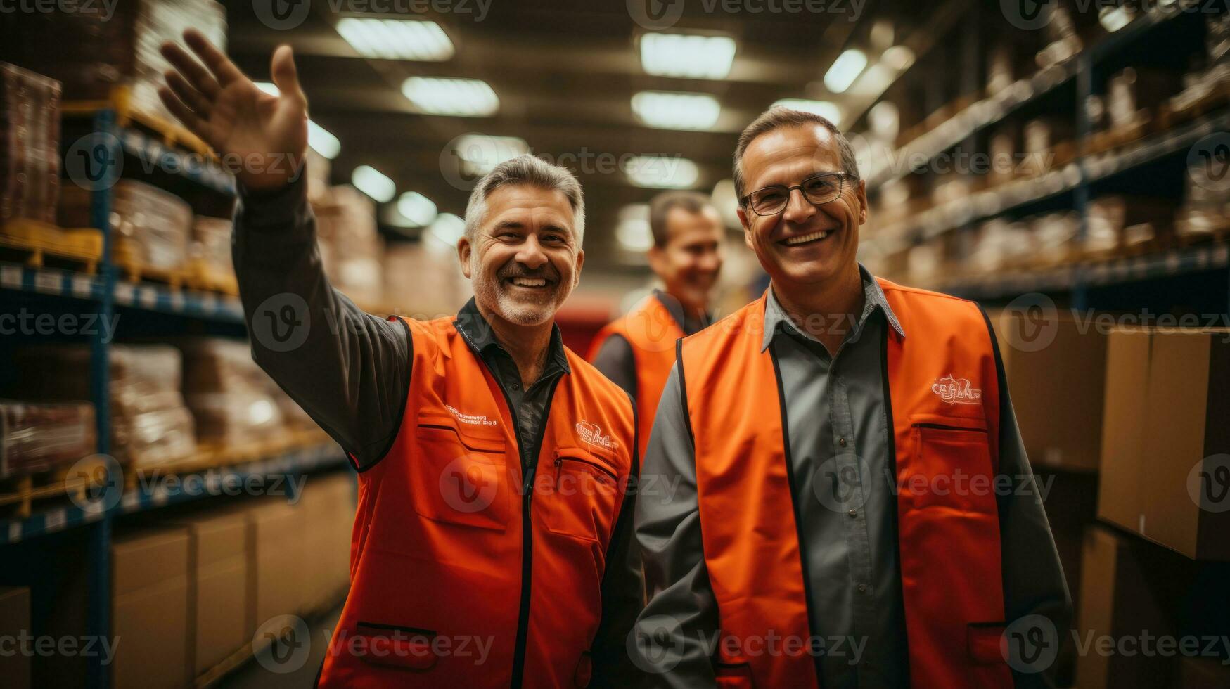 Portrait of two mature warehouse workers smiling at camera and waving hand. photo