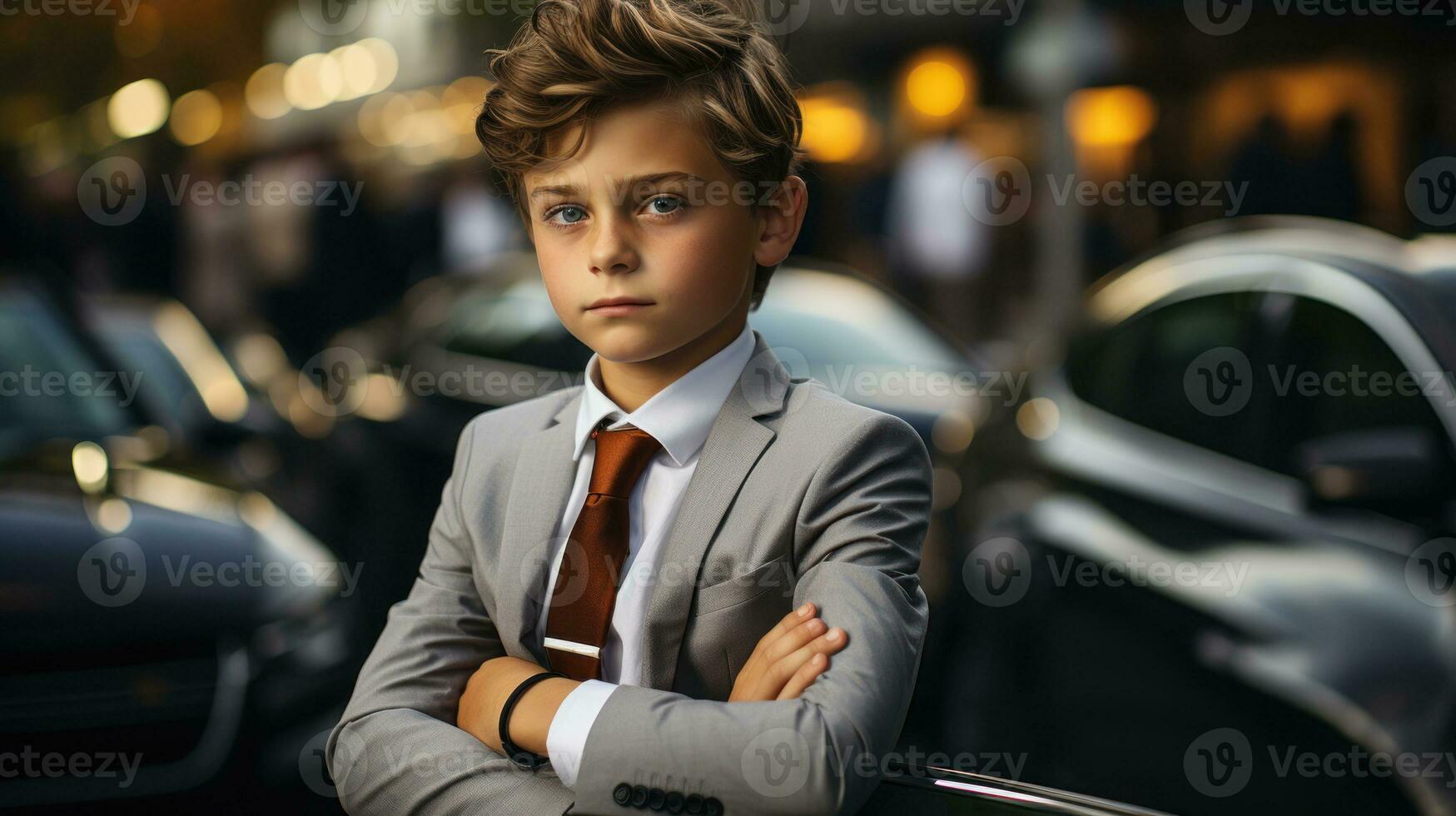 Portrait of a boy in a business suit on a background of cars. Big little boss. photo