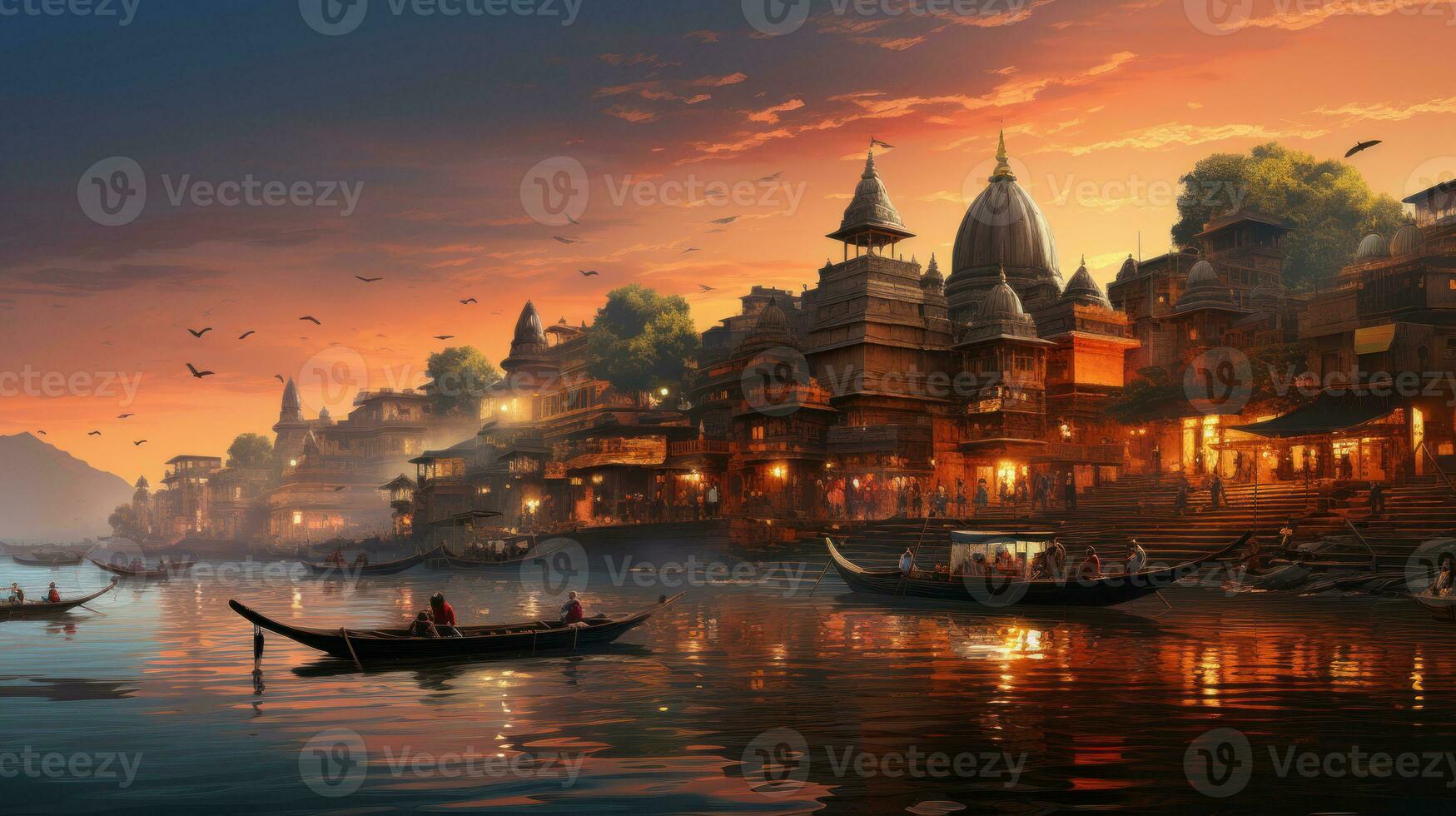 puesta de sol a el ghats de el santo ciudad de varanasi. foto