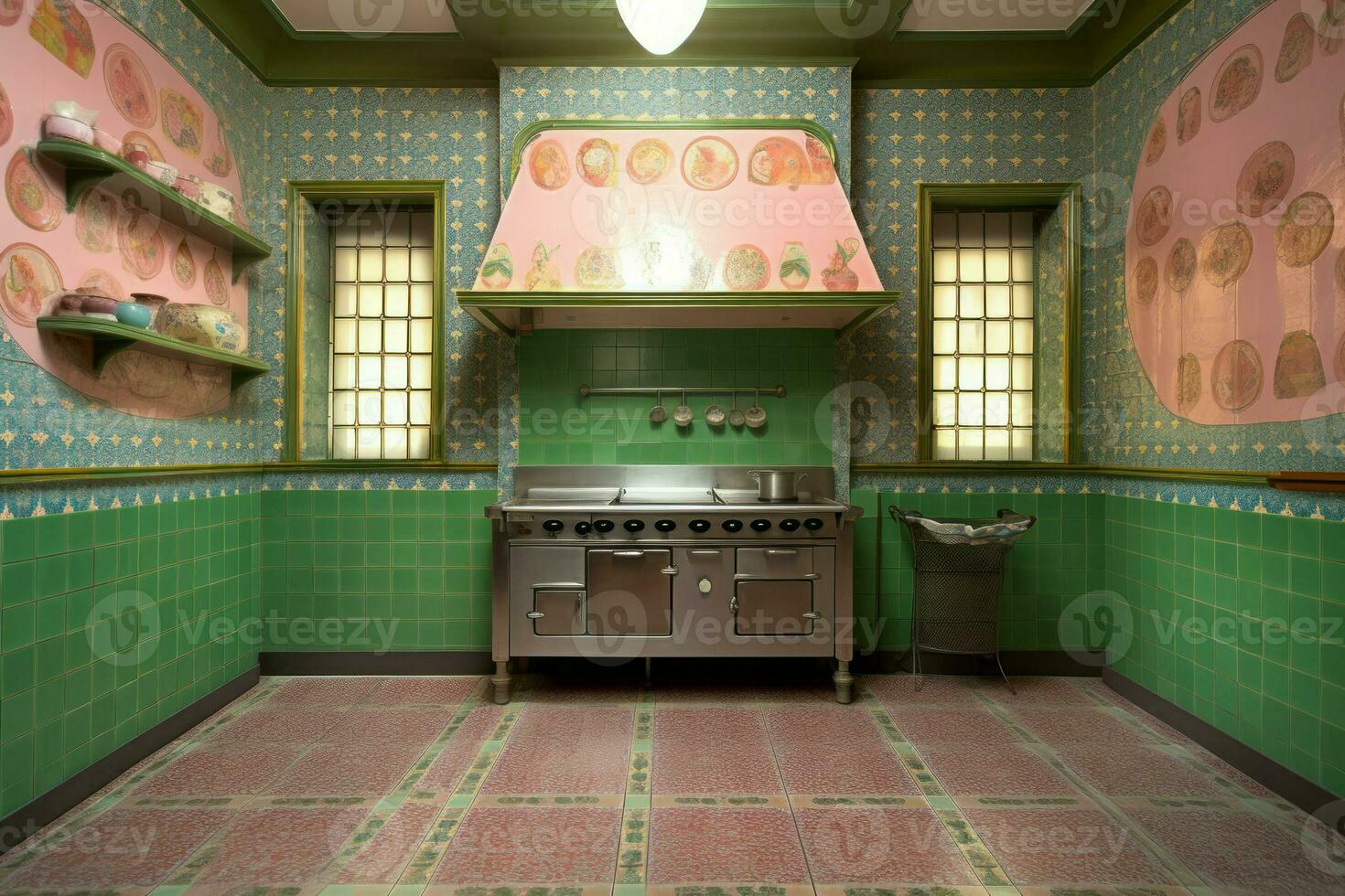 Indian kitchen interior with green wall. Generate Ai photo