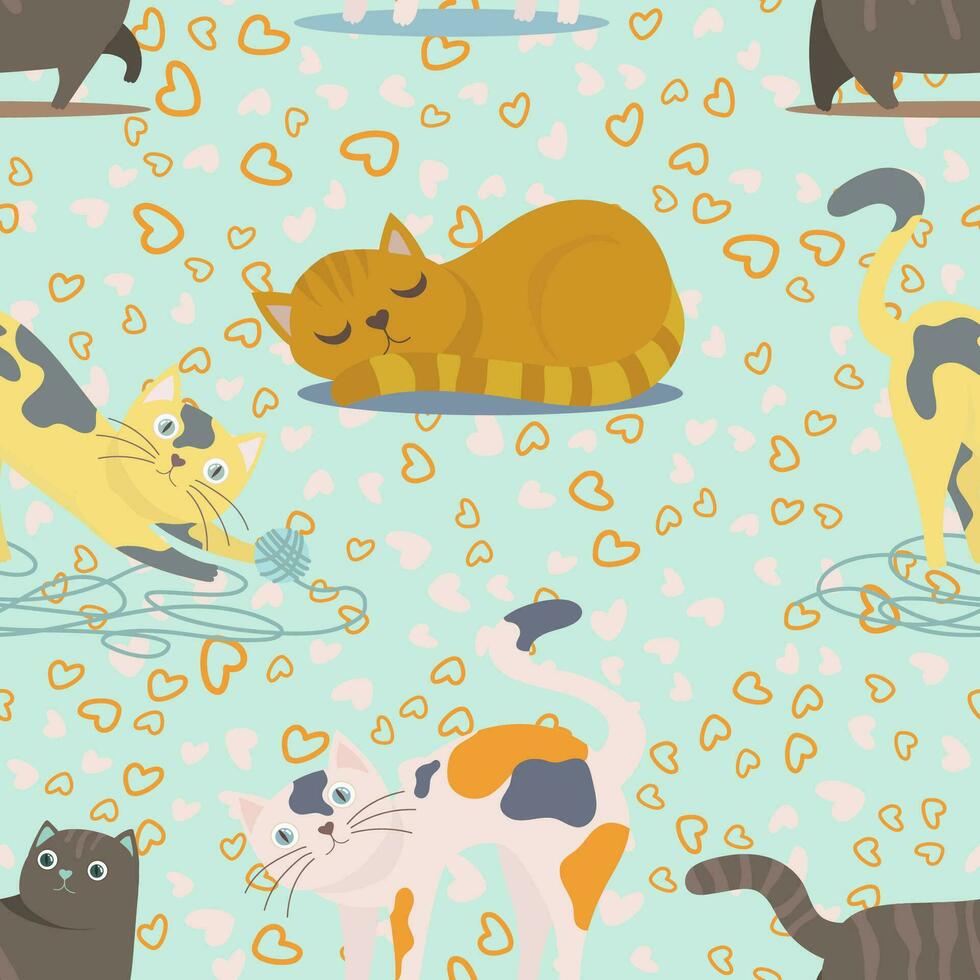 Seamless Pattern Playful Cat with Cartoon Style vector