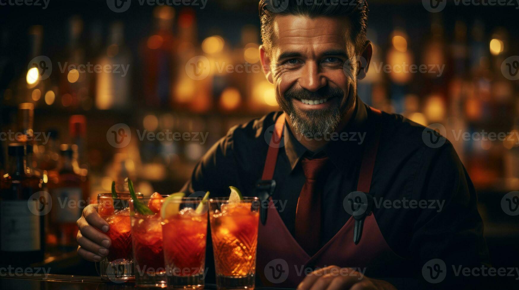 Handsome barman is making cocktails and smiling while working in bar. photo