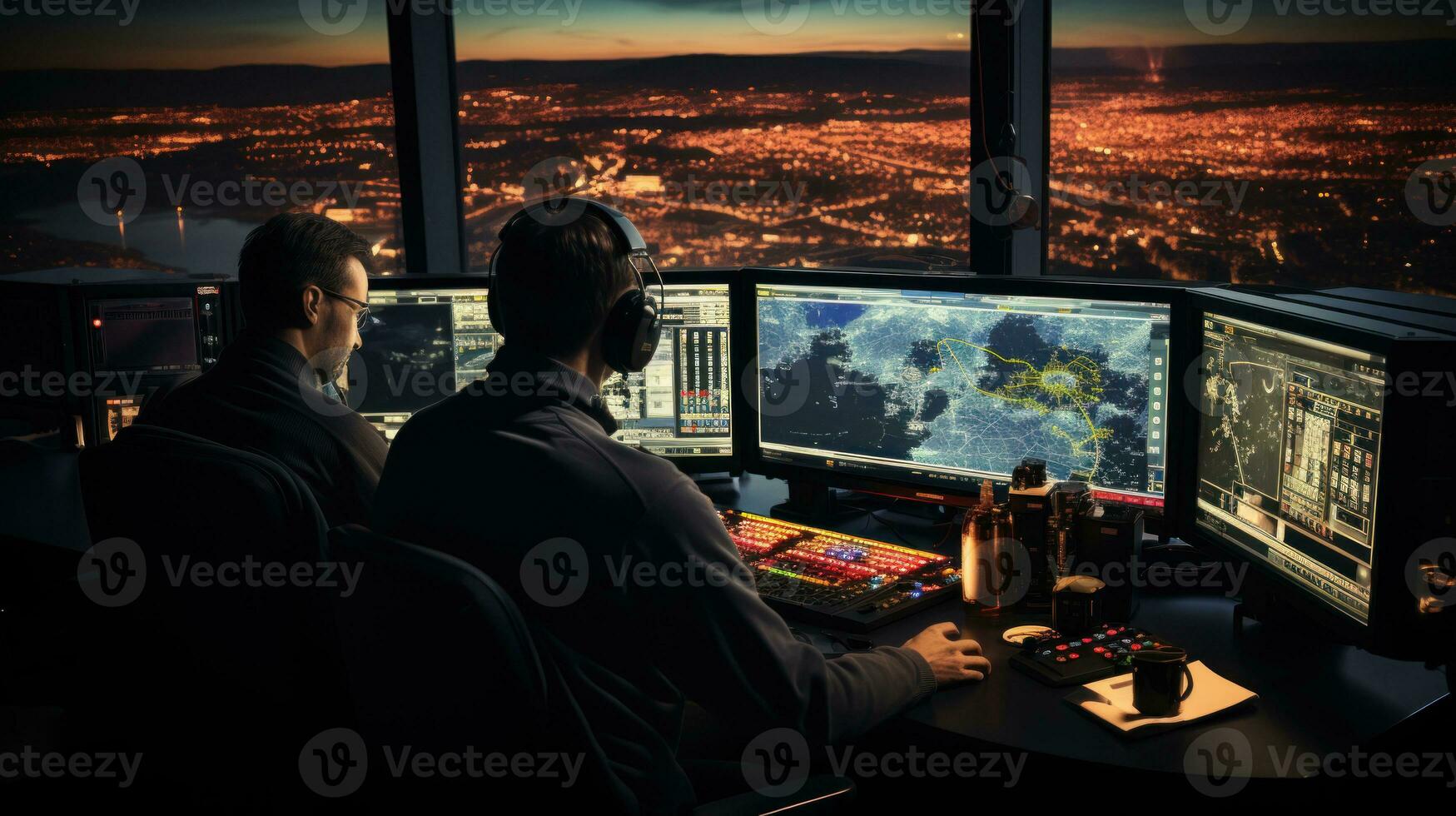 Air traffic controller worker. Office room with navigation screens,airplane departure and arrival data team. Airport tower concept. photo