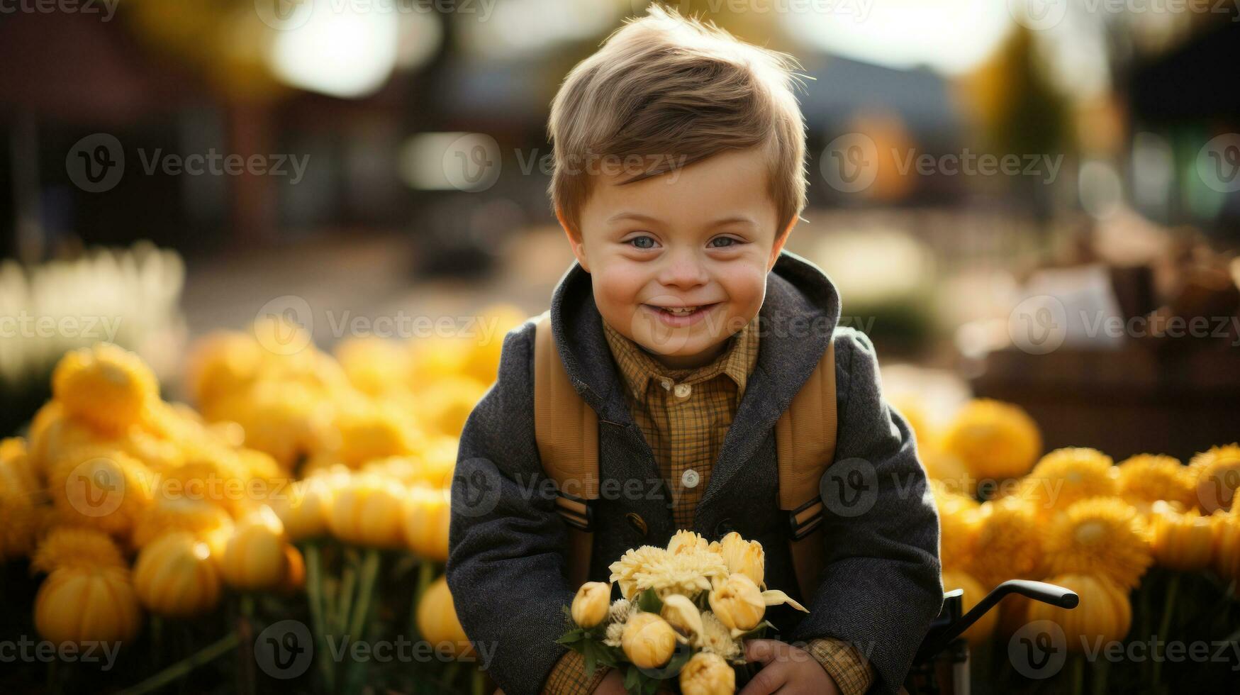 linda pequeño chico con síndrome abajo sostener un ramo de flores de amarillo tulipanes foto