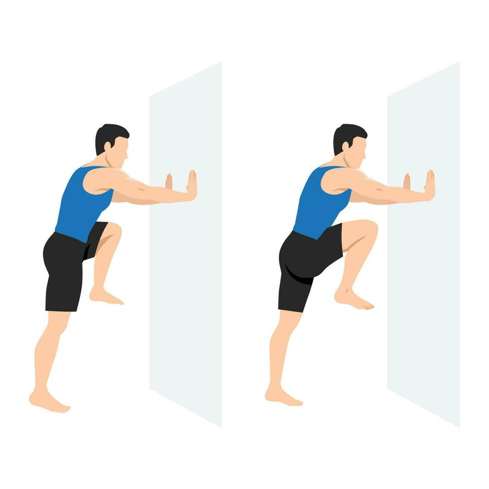 Man doing high knee on the wall or against the wall exercise. vector
