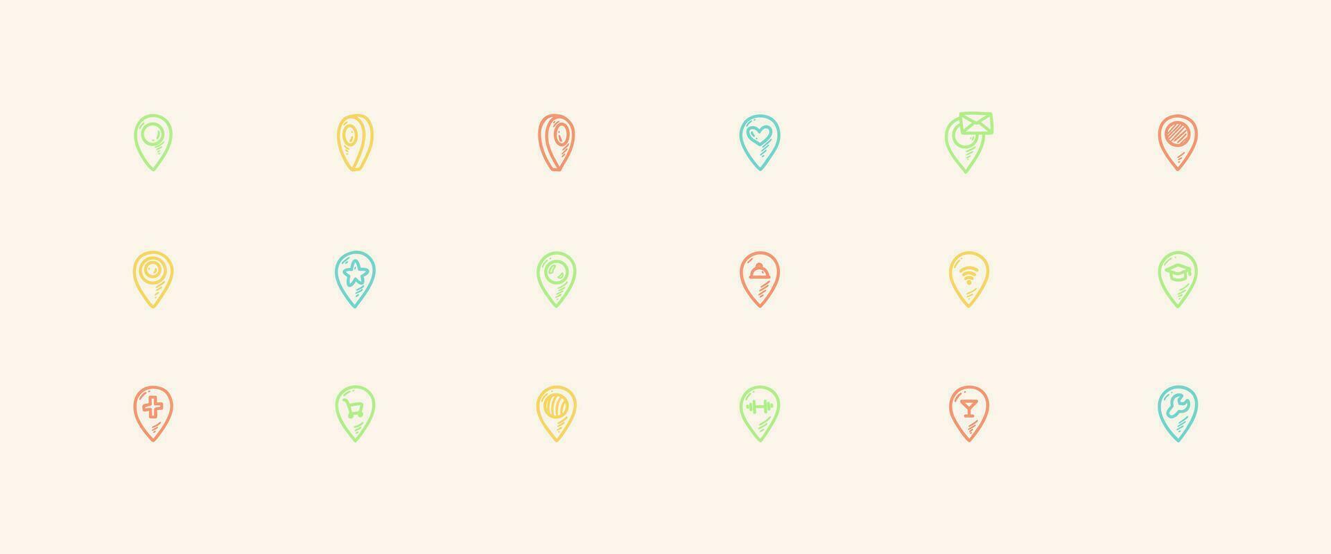 Cute line doodle map location pin icons set. Vector illustration in graffiti Japanese sketch style. Wifi, post office, restaurant, delivery, gym, university, doctor, store pinpoint