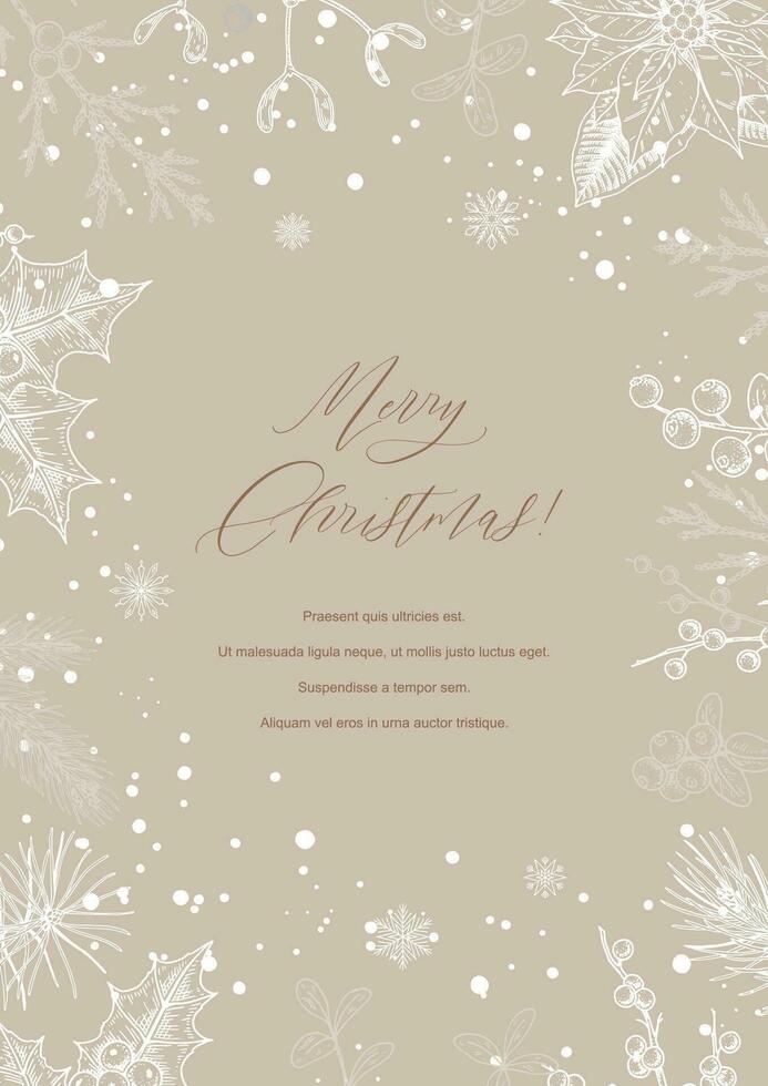 Merry Christmas and Happy New year greeting card. Hand drawn sketch winter postcard. Trendy holiday festive design background for invitations, certificate, social media templates vector