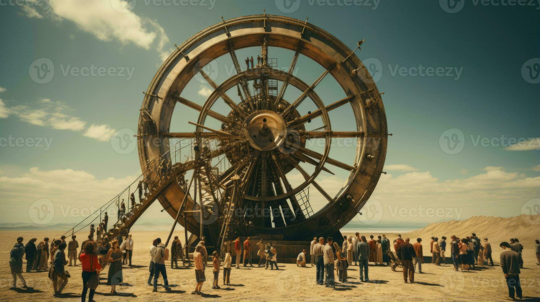 Huge wheel art installation in the middle of a desert with people around it. Burning Man style. photo