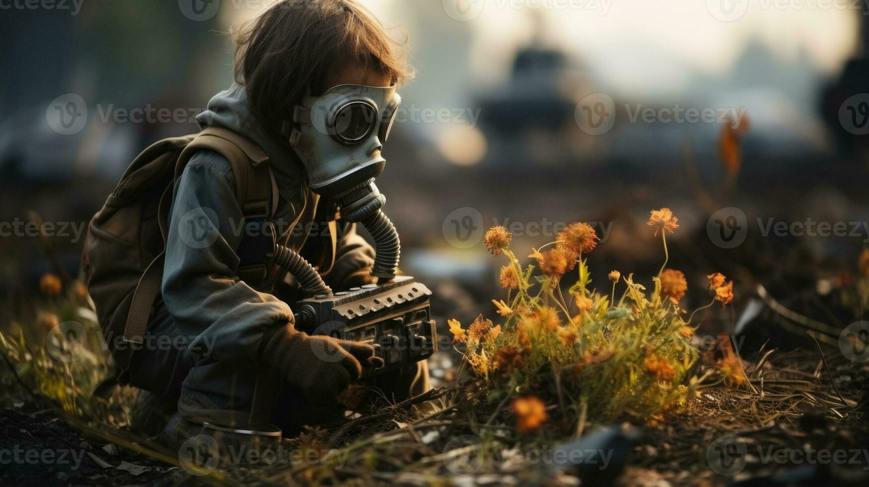 Child in a gas mask grows a flower in a post-apocalyptic world. photo
