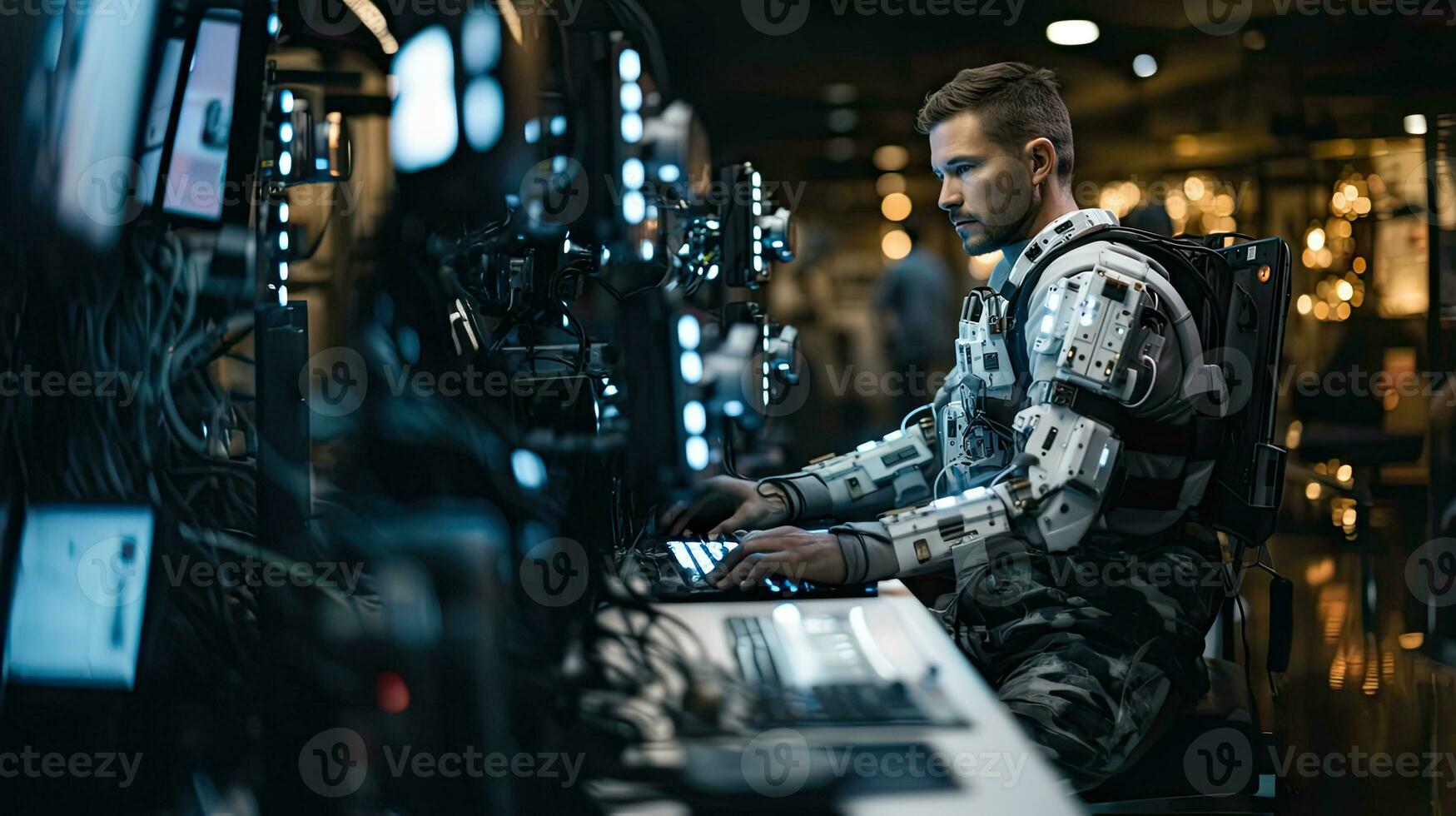 Serious soldier in cyborg robot uniform working in server room. He is typing on futuristic computer. photo