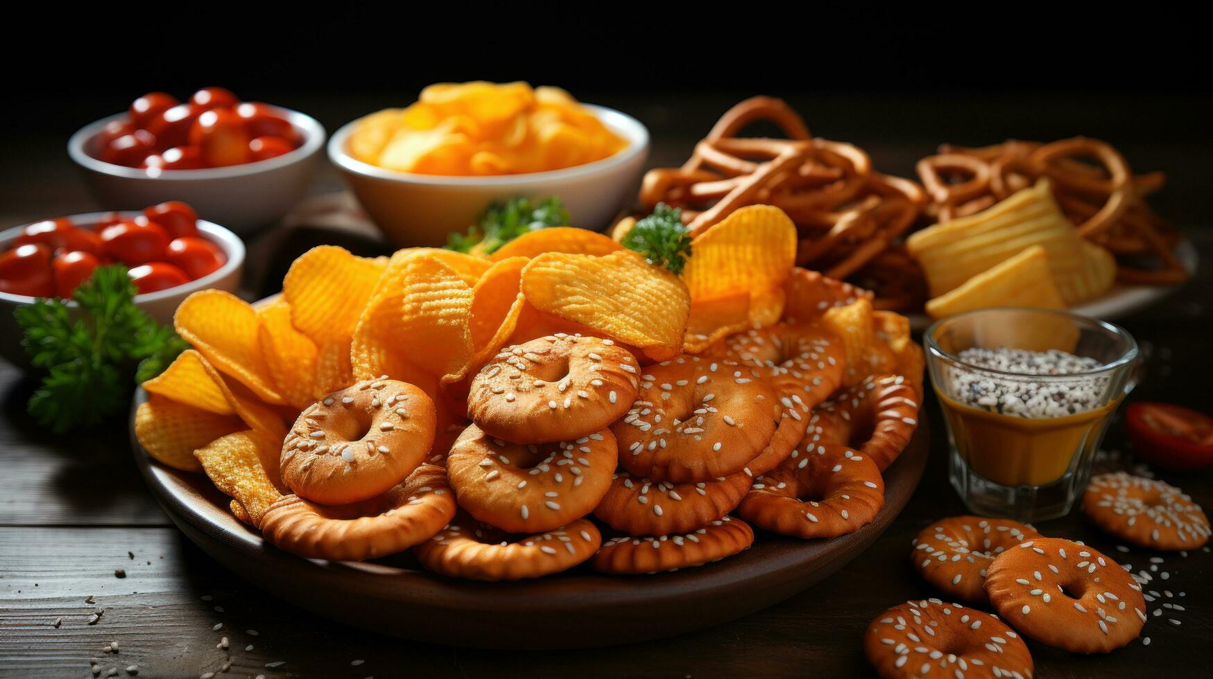 Potato chips and snacks on wooden table, food close-up. photo