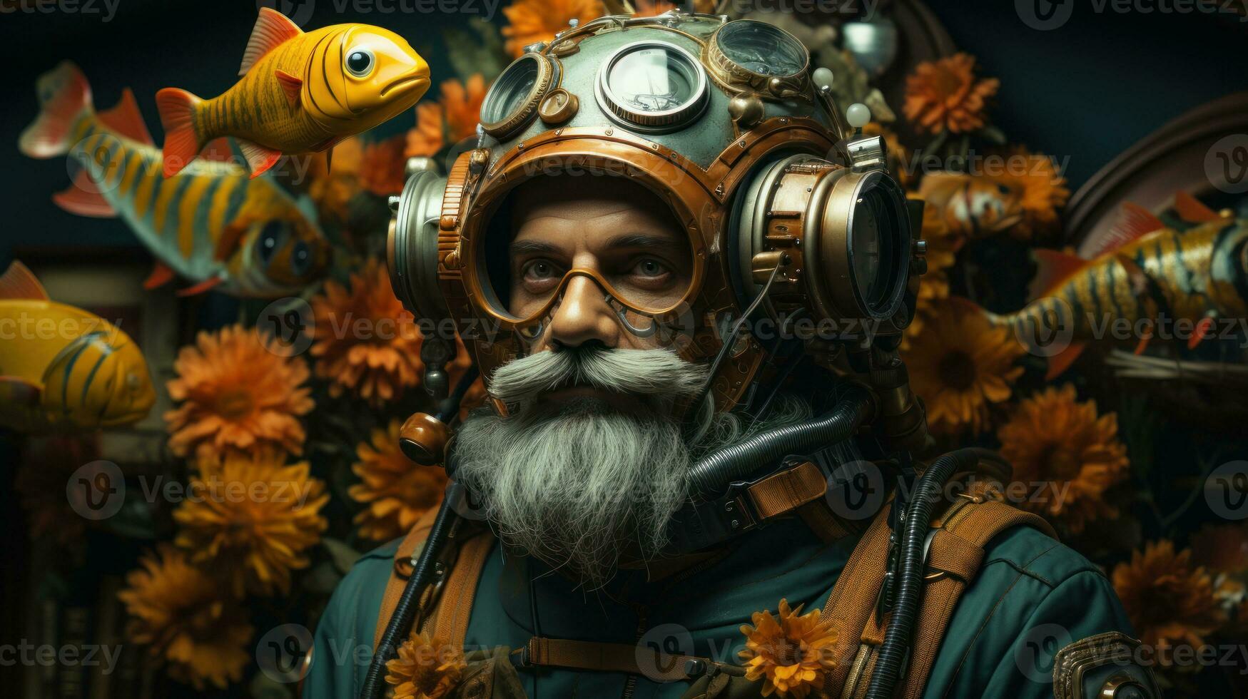 Surreal portrait of an old man with a gray beard and mustache in vintage dive mask against the background of flowers and fishes. photo