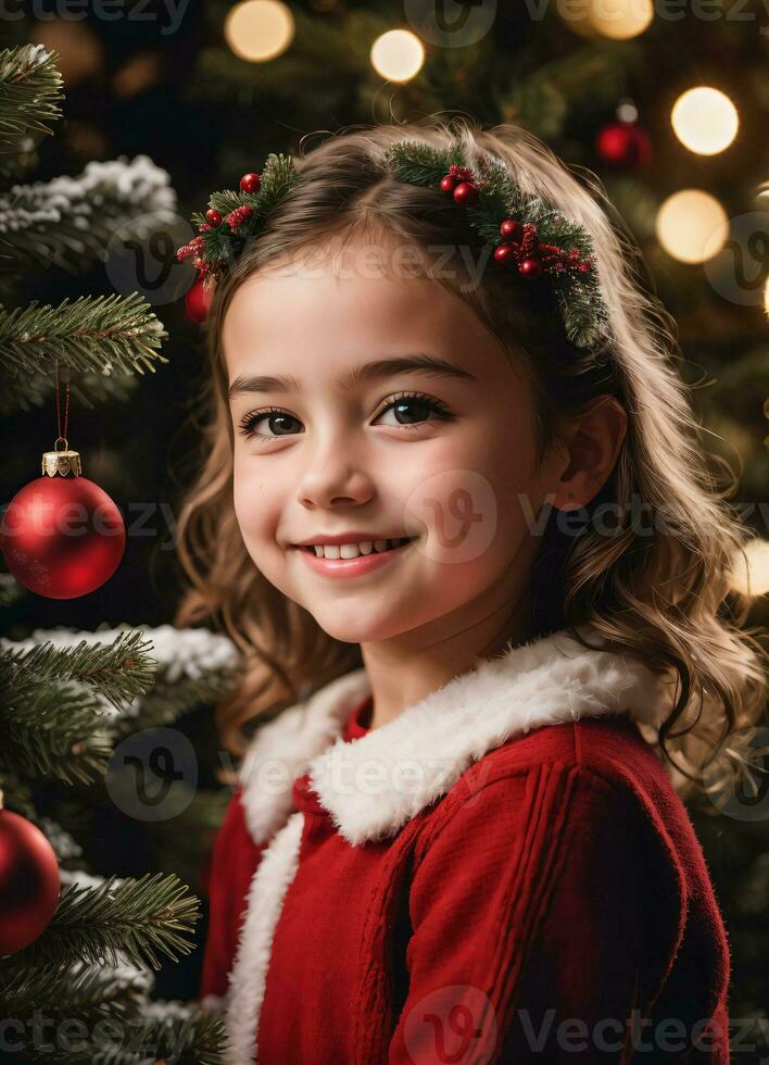 contento sonriente europeo pequeño niña en alegre Navidad y contento nuevo año ambiente ai generativo foto