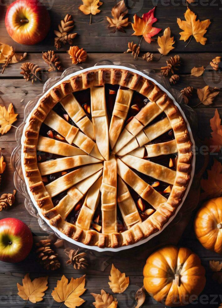 Photo of the apple pie in autumn Thanksgiving table setting AI Generative