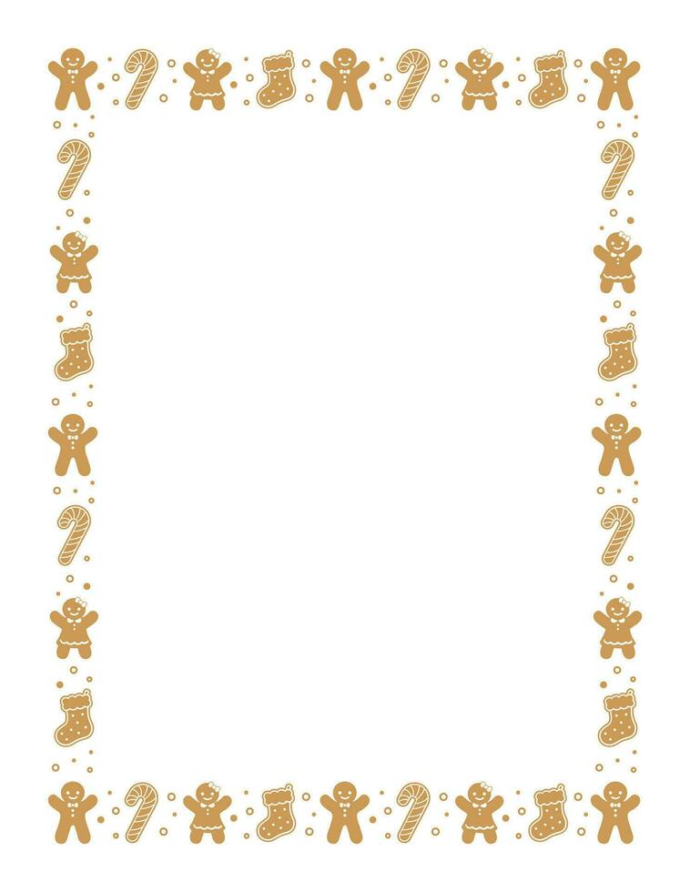 Vertical Rectangle Gingerbread Cookies Frame Border, Christmas Winter Holiday Graphics. Homemade sweets pattern, social media post template on white background. Isolated vector illustration.